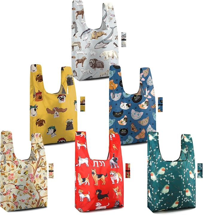 BeeGreen Reusable Grocery Bags 6 Pack - Foldable, Heavy Duty Shopping Tote Bags with Zipper Pouch, Large Capacity (50+ Lbs), Animal Prints Designs for Women & Men, Machine Washable