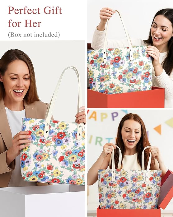 Nylon Tote Bag for Women, Floral 2-in-1 Set with Makeup Bag, Waterproof Large Capacity Shoulder Purse for Travel & Gift
