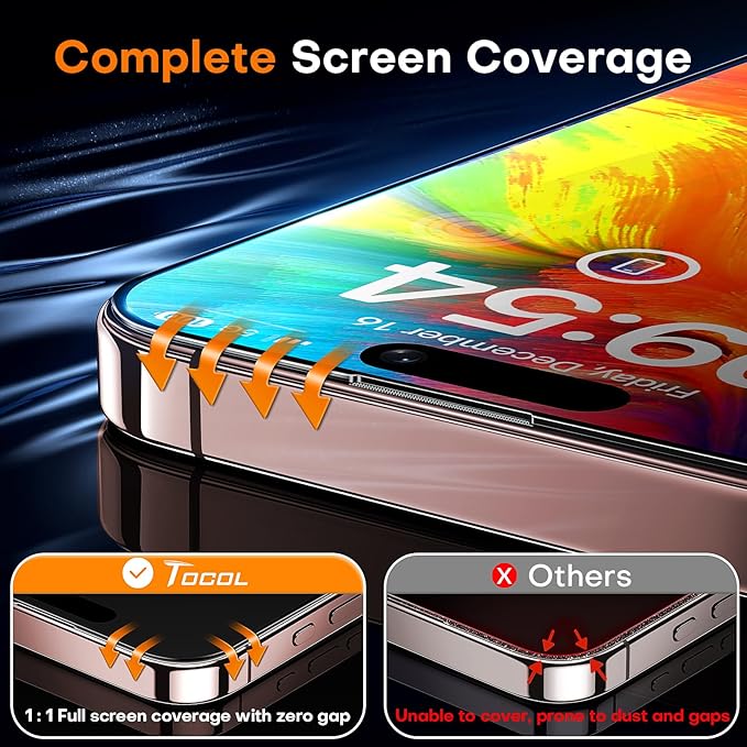 TOCOL for Screen Protector for iPhone 16 Pro, Military Grade 9H Hardness Easy Installation Case Friendly Shatterproof HD Tempered Glass Full Coverage 2 Pack