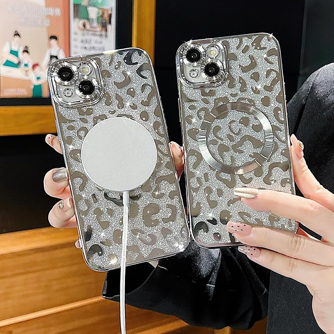 for iPhone 15 Plus Case Magnetic,Soft Cute Luxury Leopard Cheetah Pattern Plating Glitter Bling Phone Case Compatible with MagSafe Clear Shockproof Back Cover for Women Girl 6.7"-Silver