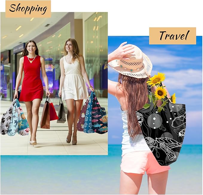 BeeGreen Marine Animal Reusable Grocery Bags Bulk Gifts 12-Pack - Large Tote with Zipper Pouch | Foldable & Washable Polyester Shopping Bags Heavy Duty Animal Lover Gifts Reusable Bag With Handles