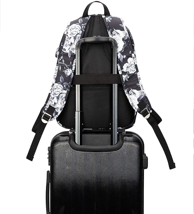 Kinmac White Rose Pattern 15 inch Waterproof Laptop Travel Outdoor Backpack With USB Charging Port For 13 inch 14 inch and 15.6 inch Laptop
