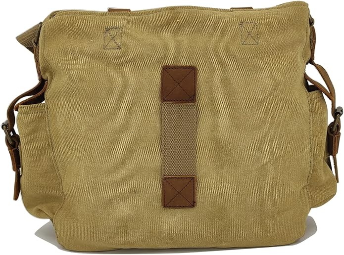 Sechunk Vintage Military Leather Canvas Laptop Bag Messenger Bags Medium