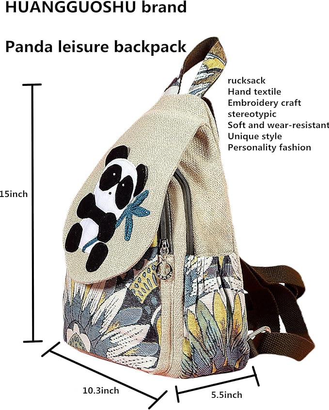 HUANGGUOSHU Women Cotton Woven Bohemian Hemp Boho Canvas Embroidery Multi Pocket Retro Cute Backpack Wallet Backpack Abstract Animal Motif