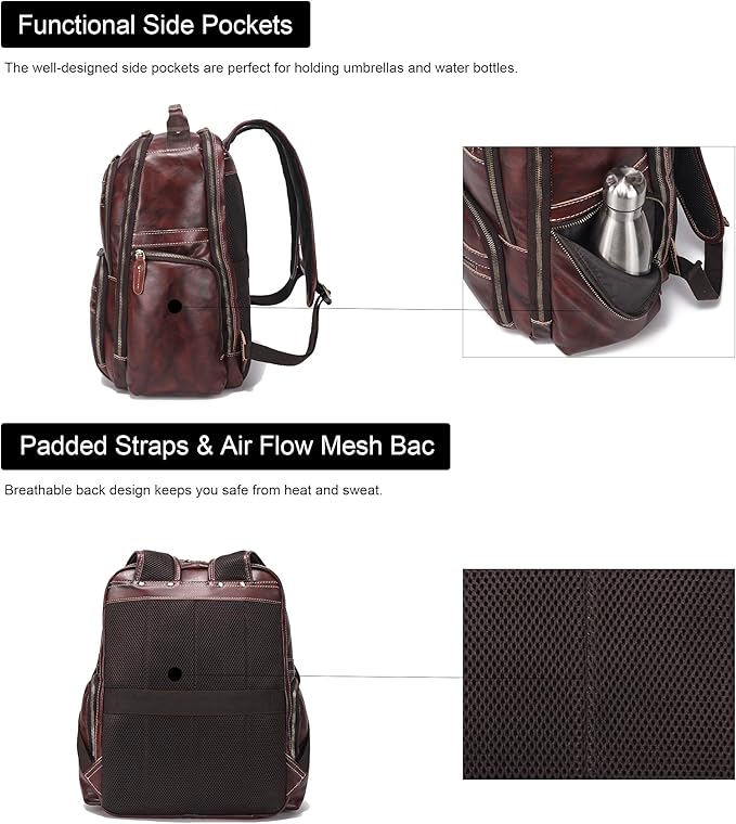 Vintage Full Grain Leather Backpack For Men, 17.3'' Laptop Bag Causal Rucksack Shoulder Bag Overnight For Business/Hiking/Travel