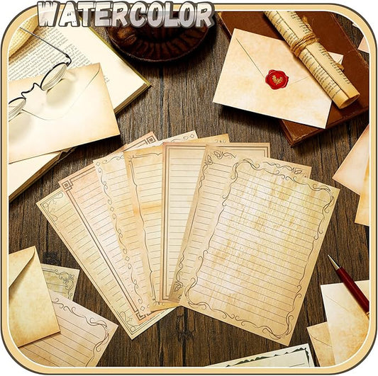 TaoBary 160 Pcs Stationery Paper Set 50 Double Sided Stationery Papers with 50 Matching Envelopes and 60 Round Dot Sticker, 10 Design(Vintage,5.5 x 8.25 Inch)