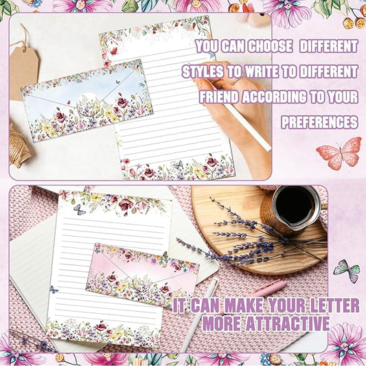 TaoBary 160 Pcs Stationery Paper Set 50 Double Sided Stationery Papers with 50 Matching Envelopes and 60 Round Dot Sticker, 10 Design(Wildflower,8.5 x 11 Inch)