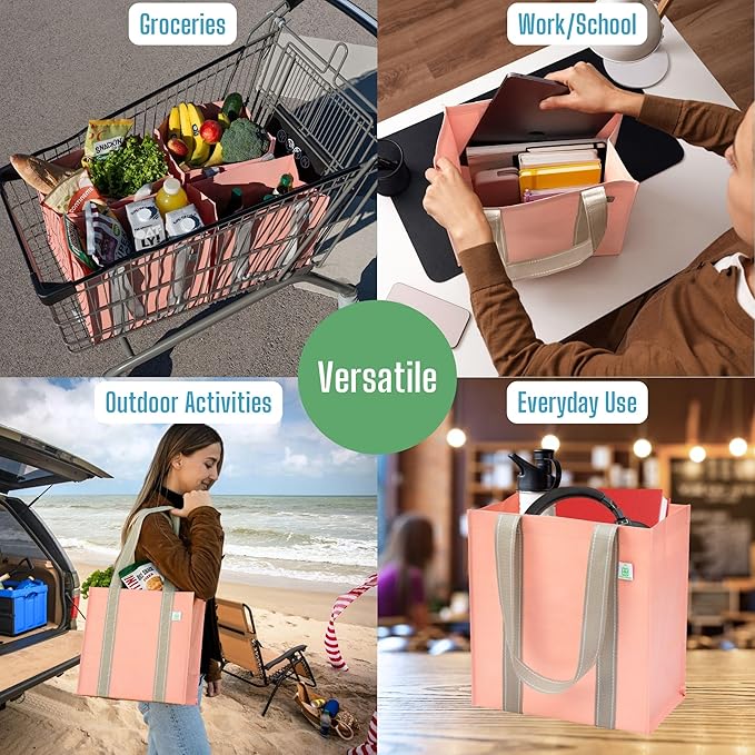 VENO 2-4 Pack Reusable Grocery shopping Bags, Small Tote Bag w/Handle Hard Bottom, Heavy Duty, Foldable Carrier