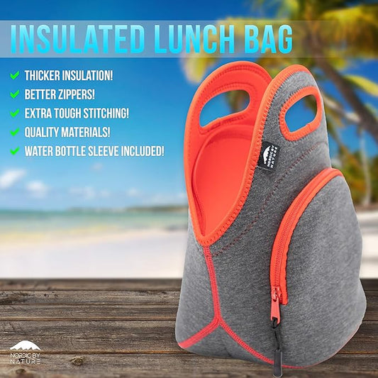 Nordic By Nature Insulated Neoprene Lunch Bag, Soft & Foldable Washable & Reusable Extra-Pocket (M) Dark Grey/Red