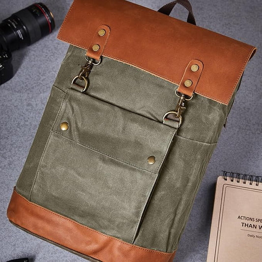 Vintage Waterproof Waxed Canvas Leather Backpack for Men Women 15.6" laptop Travel Rucksack