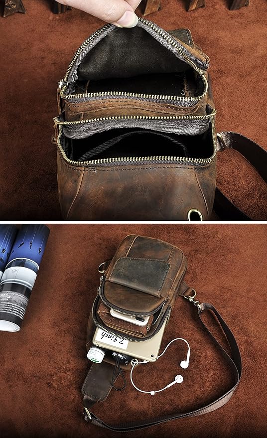 Le'aokuu Men Outdoor Casual Travel Hiking Tea Crossbody Chest Sling Bag Rig One Shoulder Strap Bag Backpack Men Leather