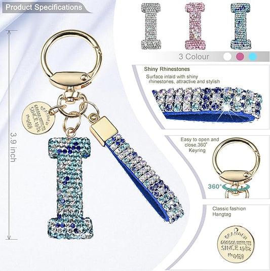 Pink Blue White Initial Letter Keychain Gift for Women Girls Bling Sparkly Cute Backpack Car Key Accessories Lanyard