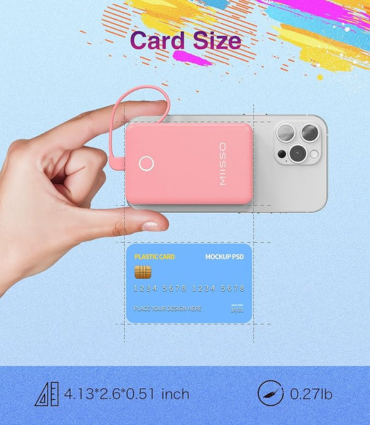 6000mah Ultra Slim Built in Cables Power Bank, Card Size Built in USB C Cords Battery Pack Portable Charger for Phones, 3 Output External Battery Pack Compatible with iPhone, Samsung, Blossom pink