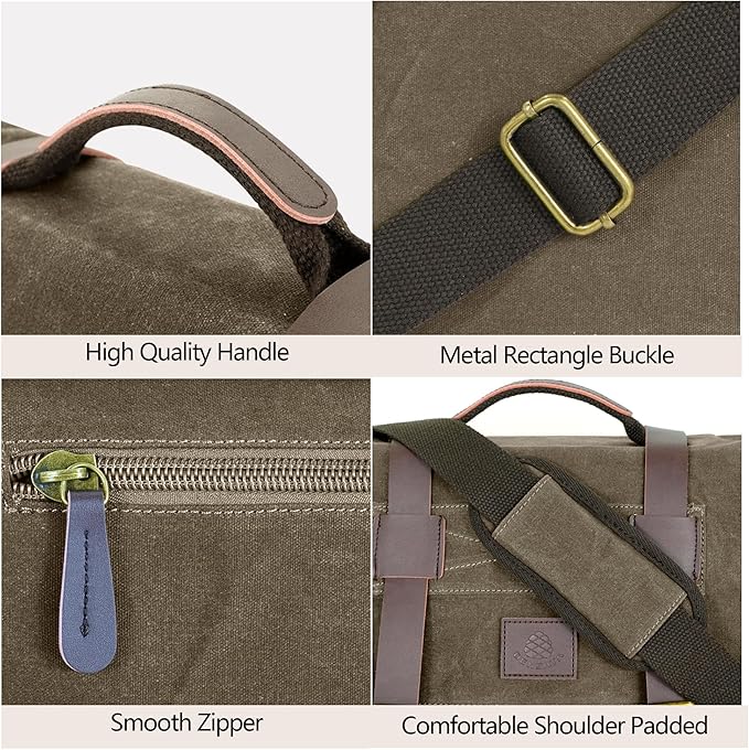 Messenger Bag for Men,13-14-15.6 Inch Laptop Bag, Vintage Water-resistant Waxed Canvas Satchel Bag, Leather Briefcase for School Work Travel (Vintage Grey)