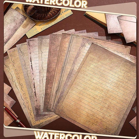 TaoBary 160 Pcs Stationery Paper Set 50 Double Sided Stationery Papers with 50 Matching Envelopes and 60 Round Dot Sticker, 10 Design(Vintage,8.5 x 11 Inch)