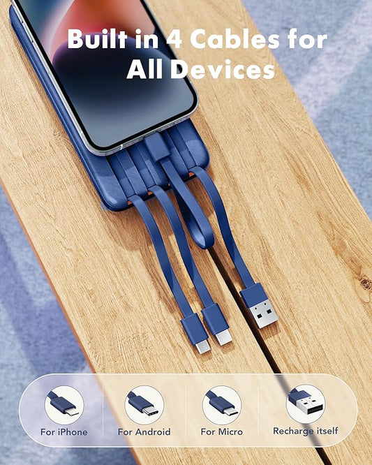 charmast 20000mAh Portable Charger with Built in Cables, 22.5W Travel Power Bank Fast Charging, USB C Cell Phone Battery Pack for iPhone 16/15/14/13/12/11 Series, iPad, Samsung, Android, Tablet