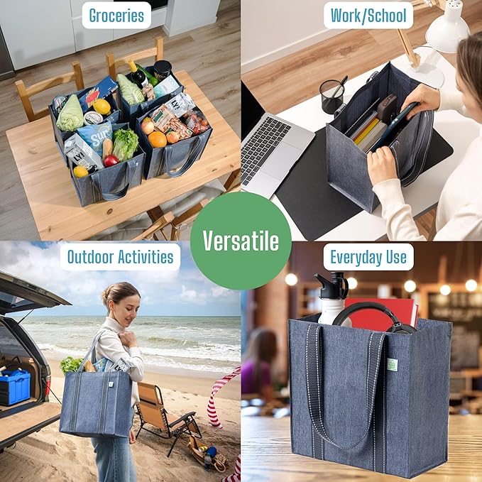 VENO 2-4 Pack Reusable Grocery shopping Bags, Small Tote Bag w/Handle Hard Bottom, Heavy Duty, Foldable Carrier