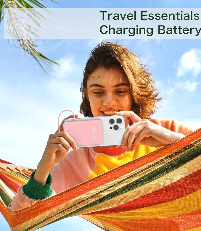 6000mah Ultra Slim Built in Cables Power Bank, Card Size Built in USB C Cords Battery Pack Portable Charger for Phones, 3 Output External Battery Pack Compatible with iPhone, Samsung, Blossom pink