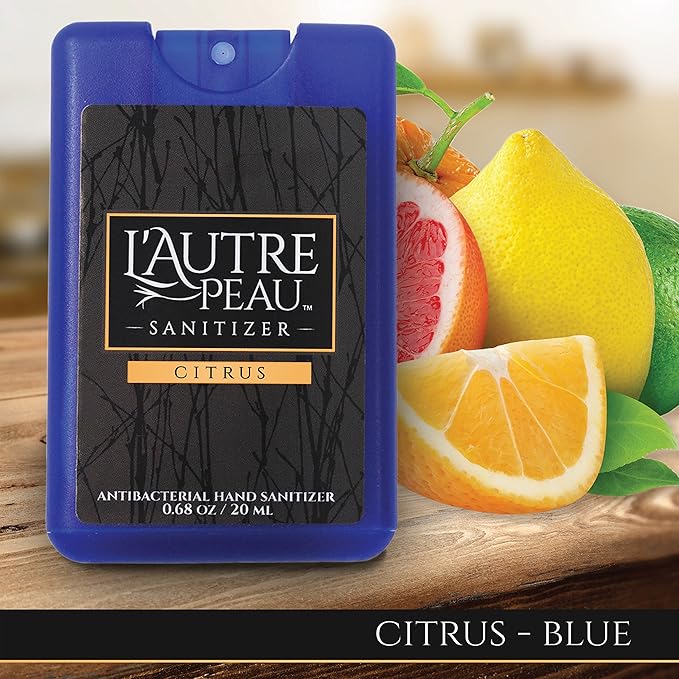 Travel Hand Sanitizer Spray with Aloe Vera by L’AUTRE PEAU - Unique Flat Credit Card Shape - Citrus Scented Mini Pocket Size (6 Pack - 20ML, Frost,Black,Red,Blue,Green,Yellow)