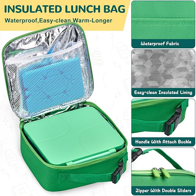MAXSO Bento Lunch Box Set with 8 oz Soup Thermo, Kids Leakproof 4 Compartments Hot Food Container with Sauce Cup, Ice Pack and Lunch Bag, Child Insulated Food Jar for School - Green