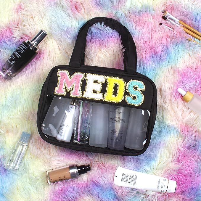 Chenille Letter Clear Medicine Makeup Bag for Travel, Preppy Patch Nylon Cosmetic Meds Pouch with Handles and Zipper, Waterproof Large Travel Toiletry Bag Storage Case for Women Black