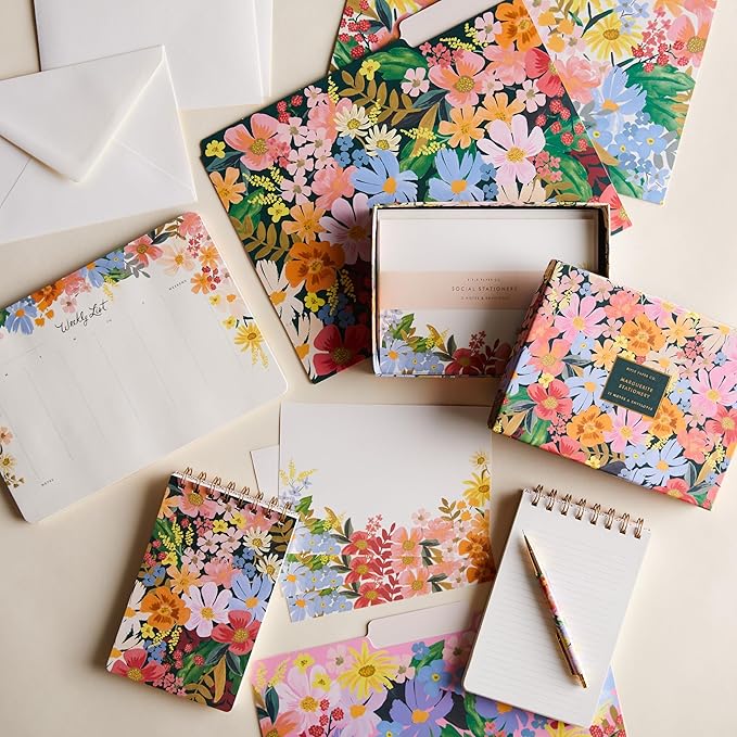 RIFLE PAPER CO. Marguerite Social Stationery Set - Set of 12 Cover-Weight Flat Notes - Full Color Designs on Back - Natural White Cover Paper - Great for Thank Yous, Greetings and More
