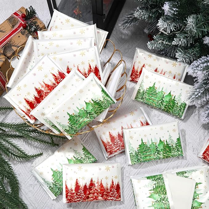 50 Pack Christmas Tree Pocket Tissues Individual Packs Bulk 3 Ply Green and Red Xmas Tree Wallet Travel Facial Tissues for Christmas Party Supplies