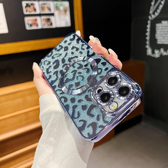 for iPhone 15 Pro Max Case Magnetic,Soft Cute Luxury Leopard Cheetah Pattern Plating Glitter Bling Phone Case Compatible with MagSafe Clear Shockproof Back Cover for Women Girl 6.7"-Blue