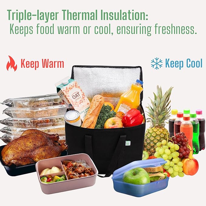 VENO 2 Pack Cooler Bag and Insulated Grocery Bags for Food Delivery, Collapsible Cooler, Reusable Shopping Bags for Groceries with zipper, Foldable, Heavy-Duty, Stands Upright (Assorted Color, 2 Pack)