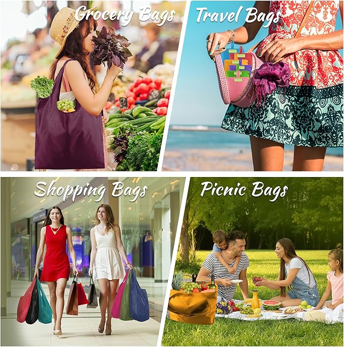 BeeGreen Colorful Reusable Grocery Bags 6 Pack, Heavy Duty Totes for Women, Foldable Grocery Bag Large Shopping Totes with Handles for Work, Travel, Gift, Store, Polyester Washable Reusable Tote Bag