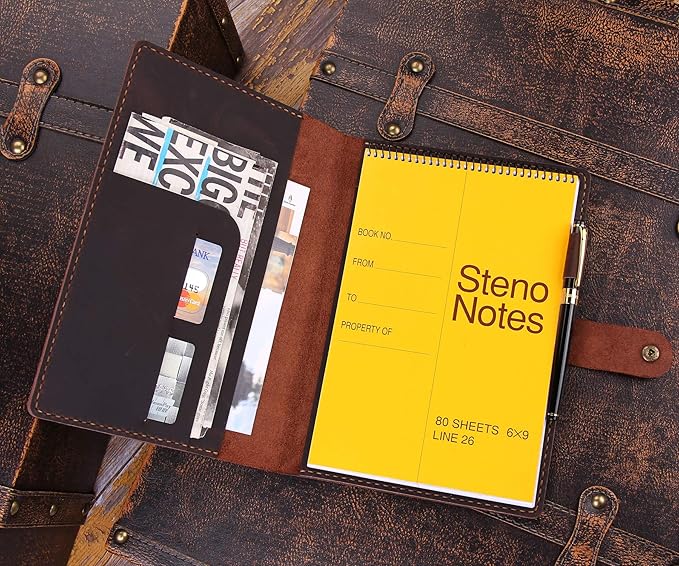 Robrasim Leather Cover for 6"x9" Steno Notebook, Leather Folio Cover Compatible with 6x9 Spiral Steno Pads, A5 Notebook Organizer with Pen Loop - Coffee