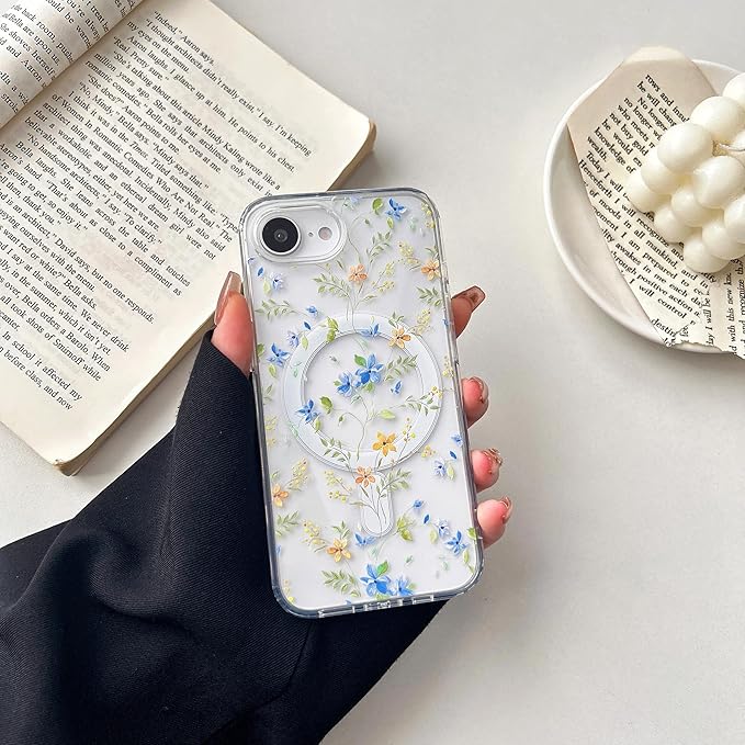 ZTOFERA for iPhone 16e Magnetic Case Compatible with Magsafe,Aesthetic Floral Pattern Design Cute for Girl Women,Anti-Drop Protective Hard Phone Cover for iPhone SE 4/16e-Blue Flower
