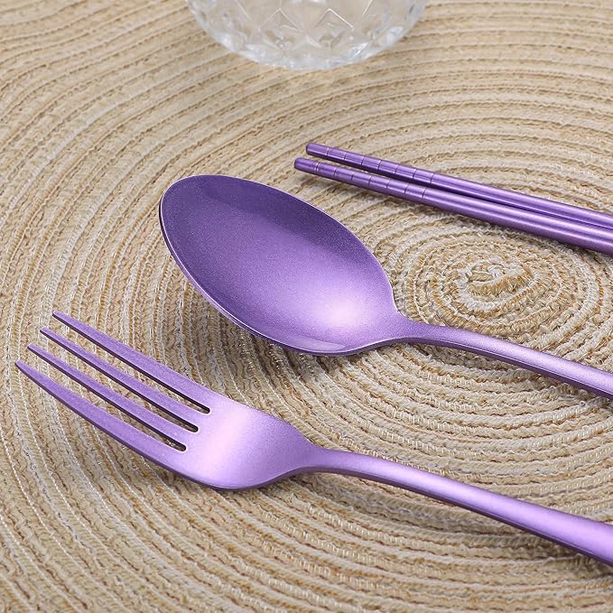 Portable Stainless Steel Flatware Set, Travel Camping Cutlery Set, Portable Utensil Travel Silverware Dinnerware Set with a Waterproof Case (Light Purple)