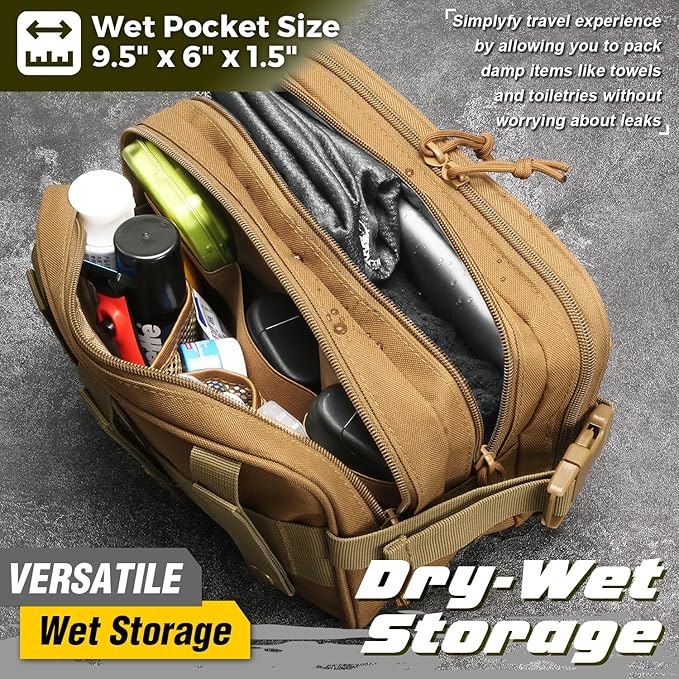 DBTAC Tactical Toiletry Bag w/Electronic Organizer Compartment | Dry/Wet Separate Hygiene Bag, Expanded Travel Dopp Kit Shaving Kit Travel shower Bag for Men (Tan)