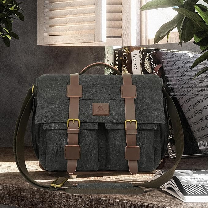 Messenger Bag for Men,13-14-15.6 Inch Laptop Bag, Vintage Abrasion-resistant Canvas Satchel Bag, Leather Briefcase for School Work Travel (Black)