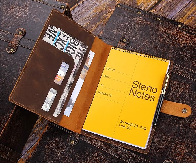 Robrasim Leather Cover for 6"x9" Steno Notebook, Leather Folio Cover Compatible with 6x9 Spiral Steno Pads, A5 Notebook Organizer with Pen Loop - Brown