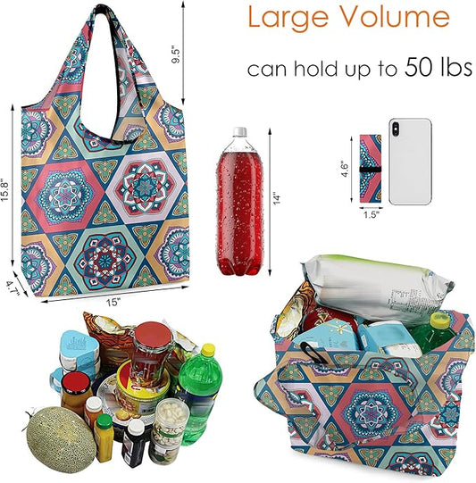 BeeGreen Boho Gifts for Women Geometric Reusable Grocery Bags Mandala Shopping Bags Bulk 6 Pack 50LBS X-Large Foldable-Machine Washable-Heavy Duty Mandana Yoga Gifts