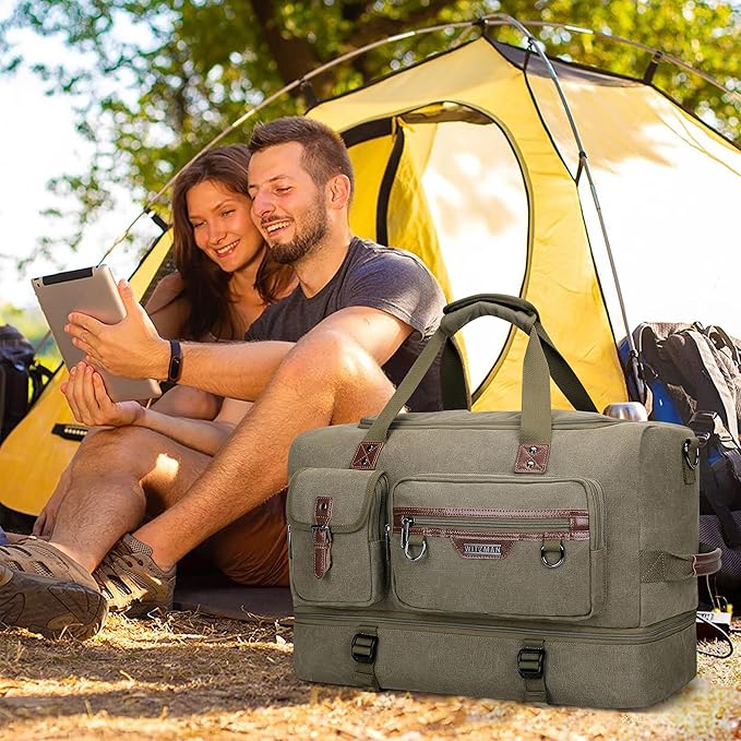 WITZMAN Canvas Weekender Bag Mens Overnight Bag for Traveling Carry on Duffle Bags with Shoes Compartment(A8010 Army Green)