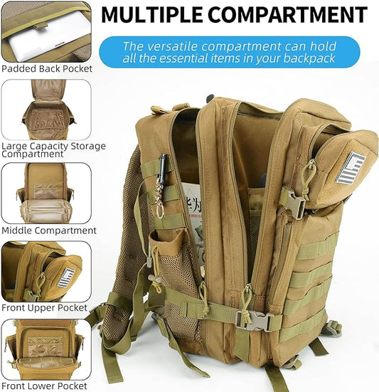 gracedon Tactical Backpack - Military Molle Bag 3 Days Pack for men and Women Large Assault Rucksack 45L (Khaki)