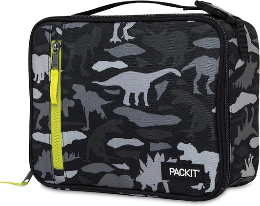 PackIt Freezable Classic Lunch Box, Dino Camo Charcoal, Built with EcoFreeze Technology, Collapsible, Reusable, Zip Closure With Zip Front Pocket and Buckle Handle, Designed for Lunches