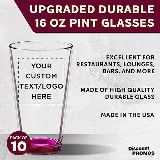 Custom Arc Pint Glass 16 oz. Set of 10, Personalized Bulk Pack - Beer Glasses, Heavy Duty Drinkware - Pink