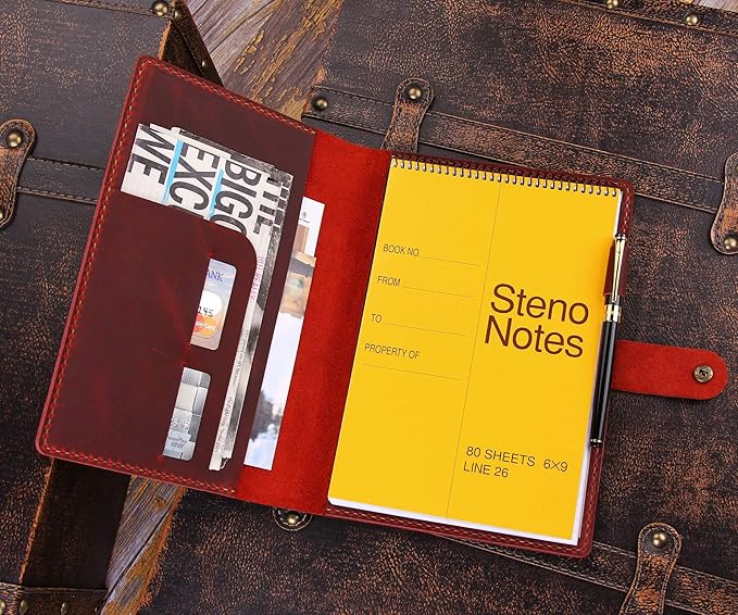 Robrasim Leather Cover for 6"x9" Steno Notebook, Leather Folio Cover Compatible with 6x9 Spiral Steno Pads, A5 Notebook Organizer with Pen Loop - Wine