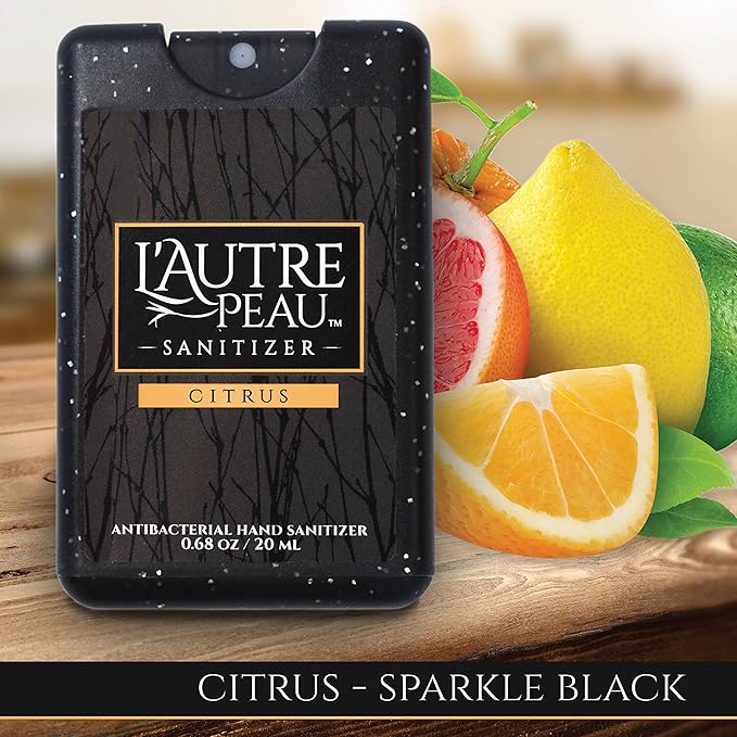 Antibacterial Travel Hand Sanitizer Spray with Aloe Vera by L’AUTRE PEAU - Unique Flat Credit Card Shape - Citrus Scented Mini Sparkle Pocket Size (Sparkle Black, Red, Blue, 6 Pack)