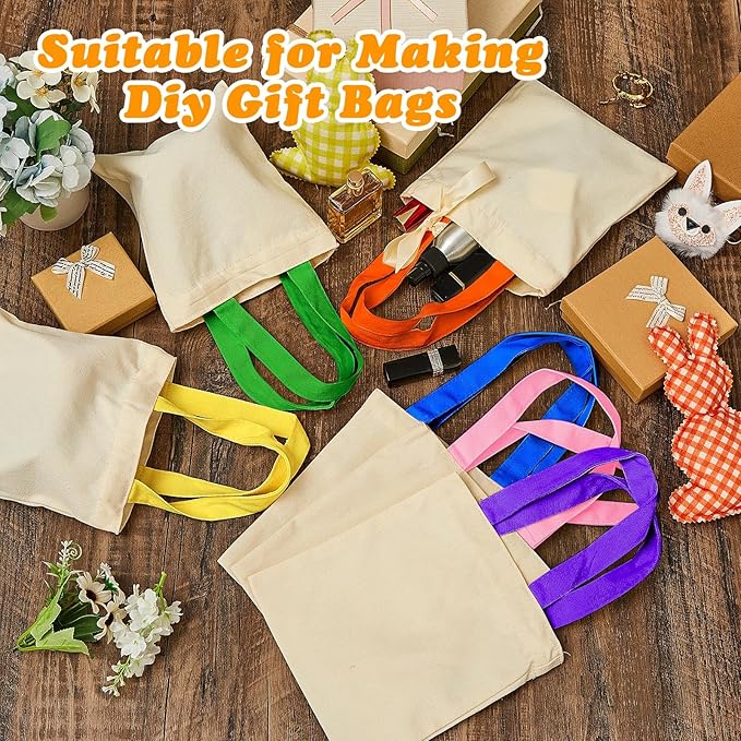 Amylove 12 Pcs Mini Tote Bag Sublimation Blank Canvas Tote Bags Reusable Grocery Luggage DIY Sack Goody for Party Even (8.5 x 8 Inch,Natural with Colorful Handle)