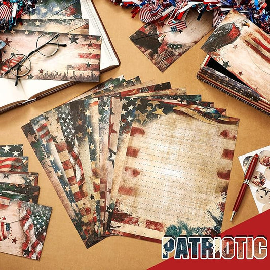 TaoBary 160 Pcs Stationery Paper Set 50 Double Sided Stationery Papers with 50 Matching Envelopes and 60 Round Dot Sticker, 10 Design(Patriotic,8.5 x 11 Inch)
