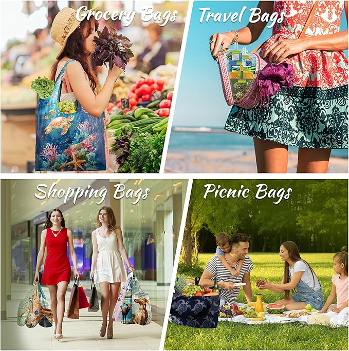 BeeGreen Cat Reusable Grocery Bags 6 Pack, Heavy Duty Totes for Women, Foldable Grocery Bag Large Shopping Totes with Handles for Work, Travel, Gift, Store, Polyester Washable Reusable Tote Bag