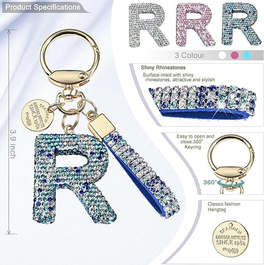 Pink Blue White Initial Letter Keychain Gift for Women Girls Bling Sparkly Cute Backpack Car Key Accessories Lanyard