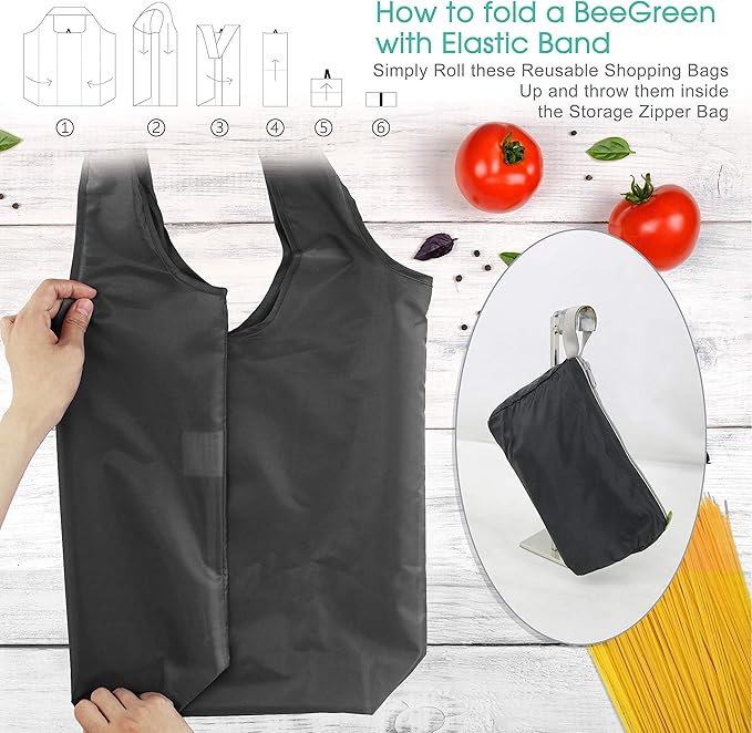 BeeGreen Black and Grey Reusable Grocery Bags Bulk 10 Packs, Kitchen Reusable Shopping Bags 50LBS Large, Machine Washable Durable, Easily Foldable in a Storage Bag