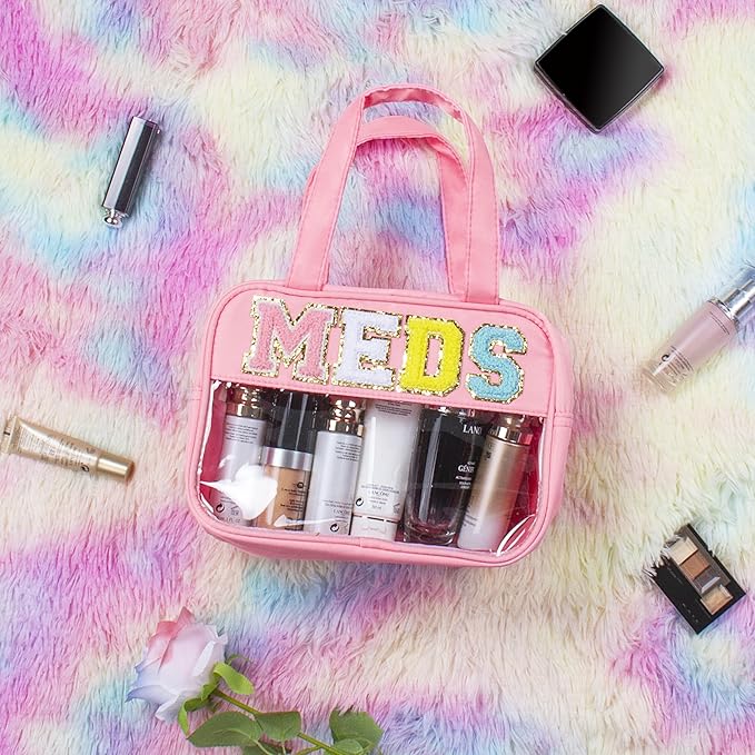 Chenille Letter Clear Medicine Makeup Bag for Travel, Preppy Patch Nylon Cosmetic Meds Pouch with Handles and Zipper, Waterproof Large Travel Toiletry Bag Storage Case for Women Pink