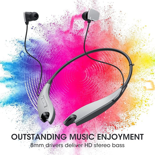 Neckband Bluetooth Headphones, Around The Neck Headphones 24H+ Playtime, Bluetooth Headsets with Call Vibration, Shark Jaw Design Wireless Earbuds+Noise Isolation/Mic/IPX7 Waterproof, Silver